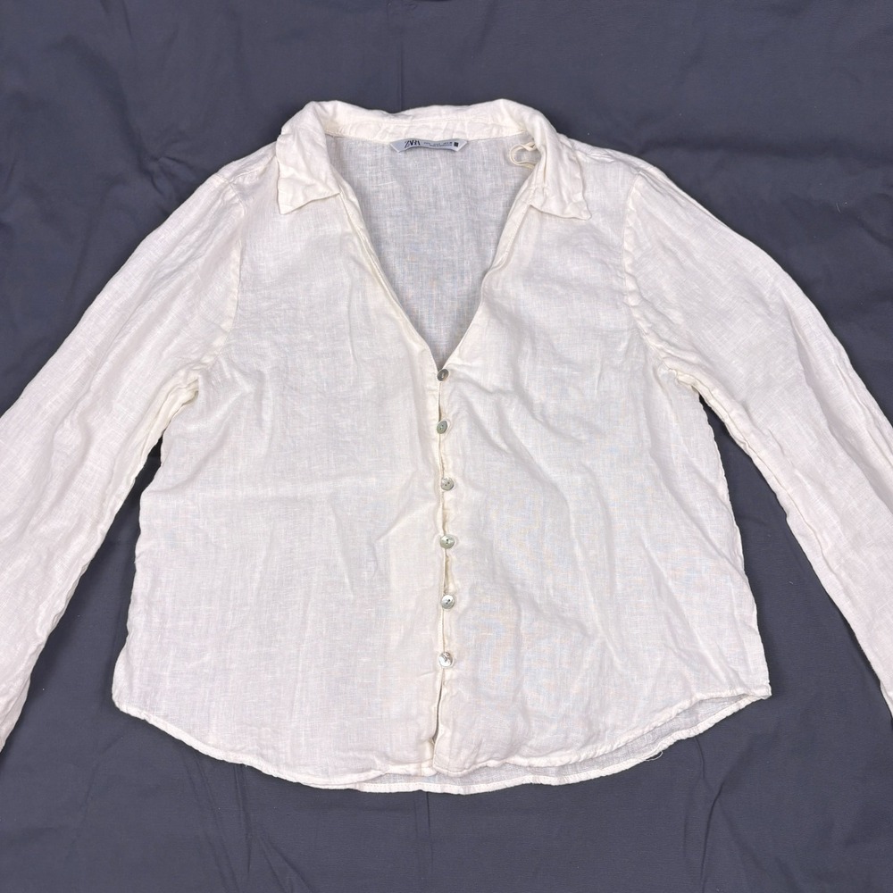 Zara V Neck Linen Shirt Womens Sz L White‎ Button Front Flare Sleeves Minimalist